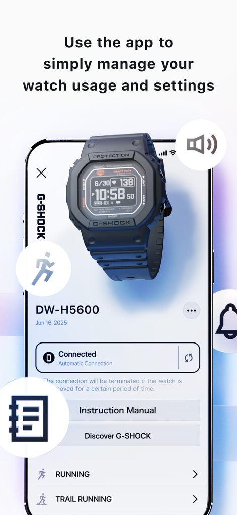 CASIO WATCHES - Smartphone showing the CASIO WATCHES app interface for managing G-SHOCK watch settings and activity tracking