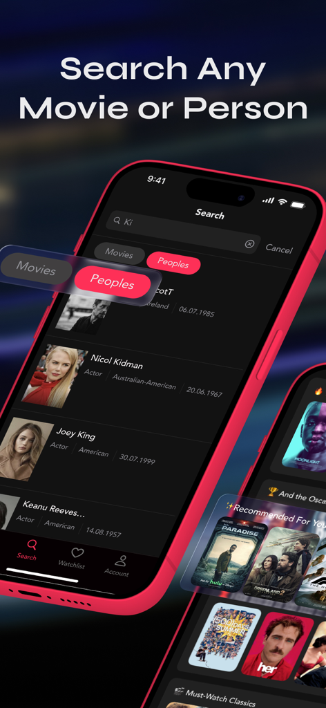ClipFix: Movie Shazam - Search interface of the ClipFix app showing results for famous actors and movie recommendations