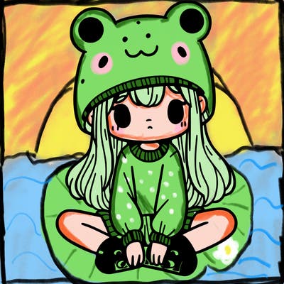 a girl wearing a frog hat and some frog socks