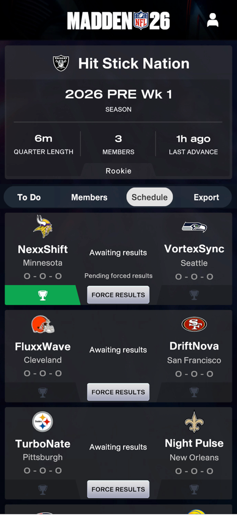 Madden NFL 26 Companion - Madden NFL 26 Companion app displaying franchise league schedule and weekly matchups
