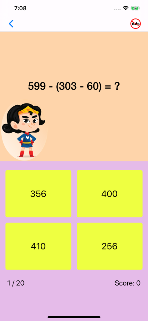 Third Grade Math Quiz interface showing a subtraction problem with parentheses and multiple choice options.