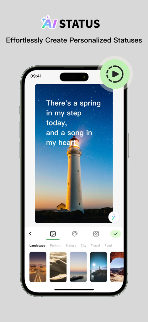A mobile interface for WhizAI for WA showing the AI Status feature with an inspirational quote over a lighthouse image.