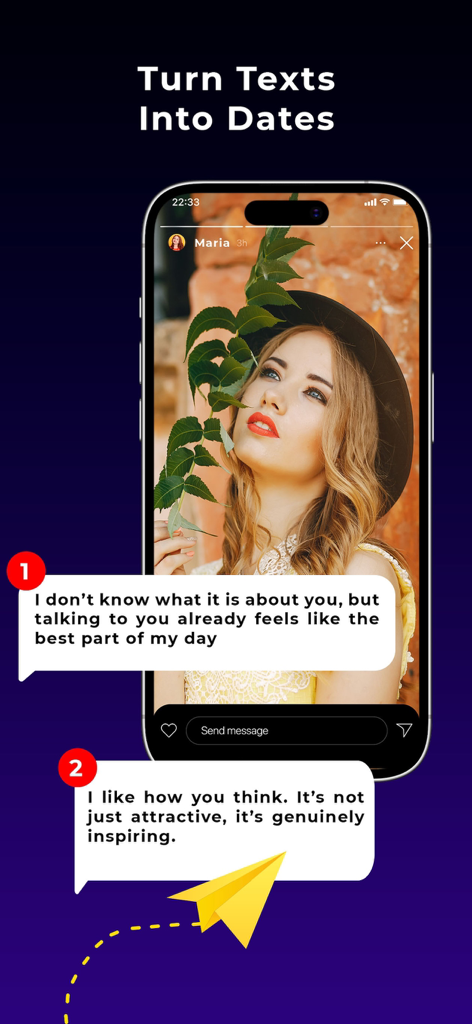 Broski: AI Wingman - Broski AI Wingman app screenshot showing two smart text message suggestions for dating conversations.