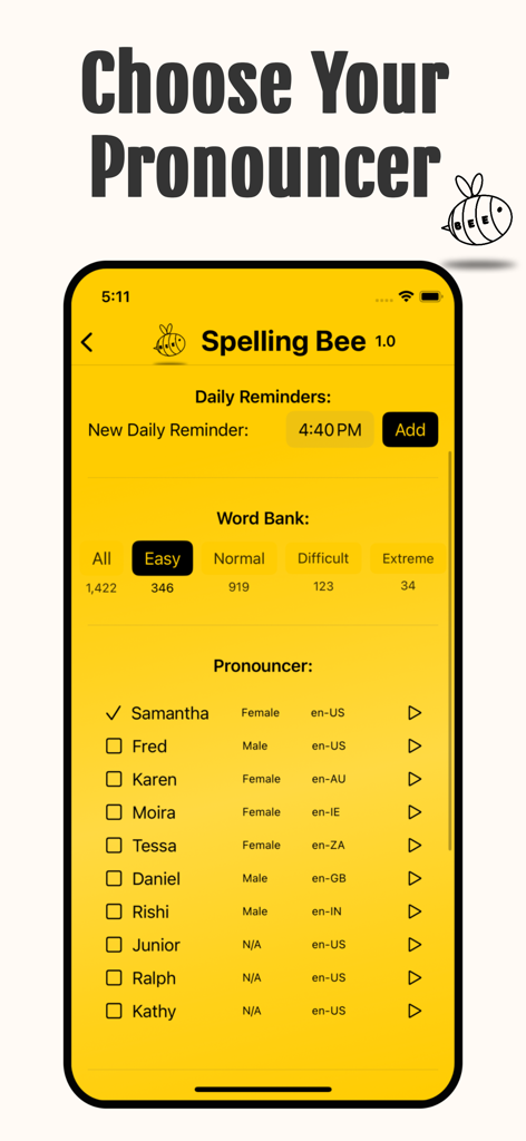 Spelling Bee App: Today's Game - Spelling Bee app interface showing options to choose a pronouncer, set daily reminders, and select word bank difficulty levels.