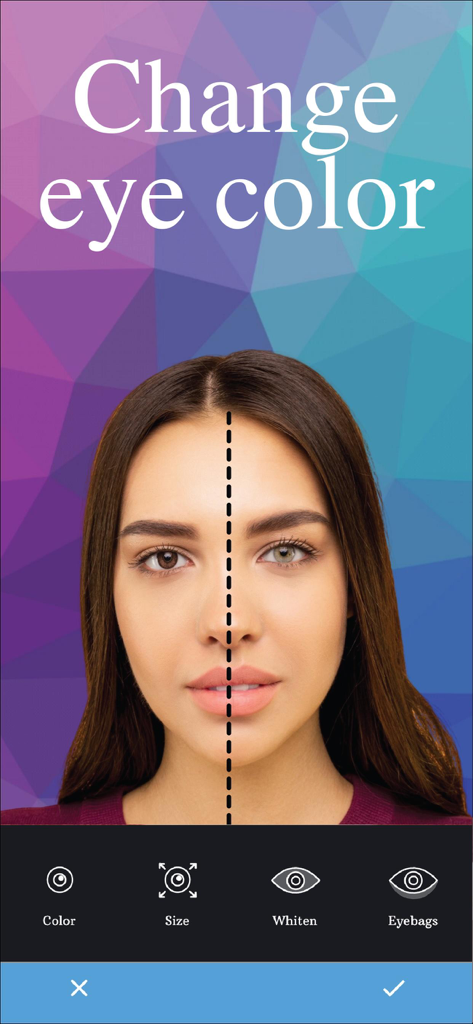 Vorher-Nachher-Vergleich eines Frauengesichts, der die Augenfarben-Wechsler-Funktion in der Perfect Face KI-App zeigt.