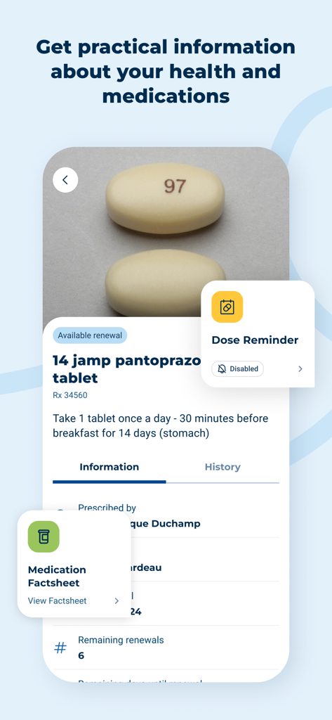 Familiprix - Familiprix app interface showing prescription details and a medication dose reminder feature