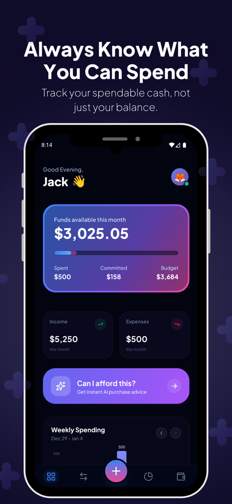 BudgetPal mobile app dashboard displaying monthly spendable cash and AI purchase advice tool