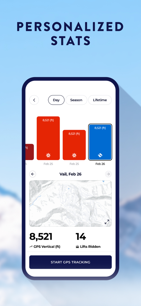 My Epic: Skiing & Snowboarding - A screenshot of the My Epic app showing personalized skiing stats like vertical feet and lifts ridden.