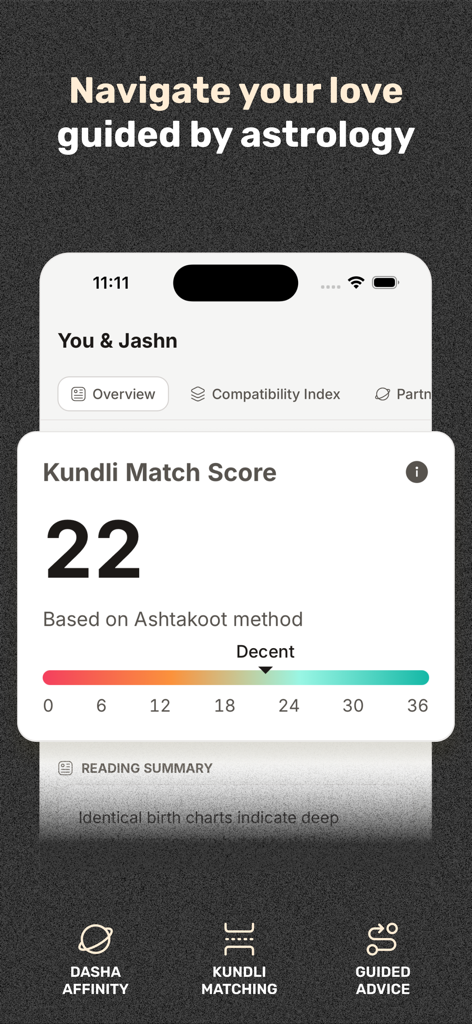 Vaya Astrology - Vaya占星術インターフェース。クンドリマッチングスコアと人間関係の相性概要を表示しています。