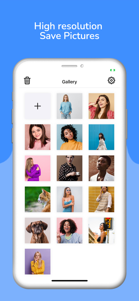 An iPhone displaying the gallery view of the Background Remover app with a grid of high resolution portrait and animal photos.