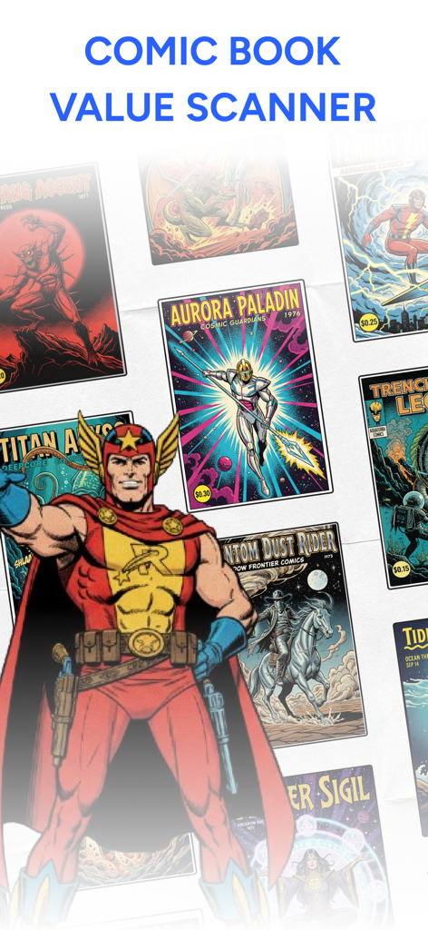 Comic book value scanner app screen featuring a gallery of comic book covers and a superhero character