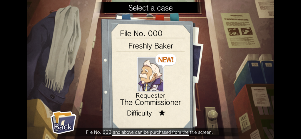 Case selection screen for File 000 Freshly Baker in Layton Brothers Mystery Room