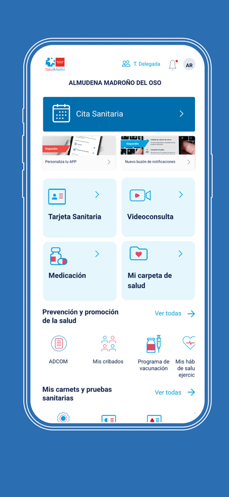 The main home screen of the Tarjeta Sanitaria app featuring buttons for health appointments, virtual card access, and medication records.