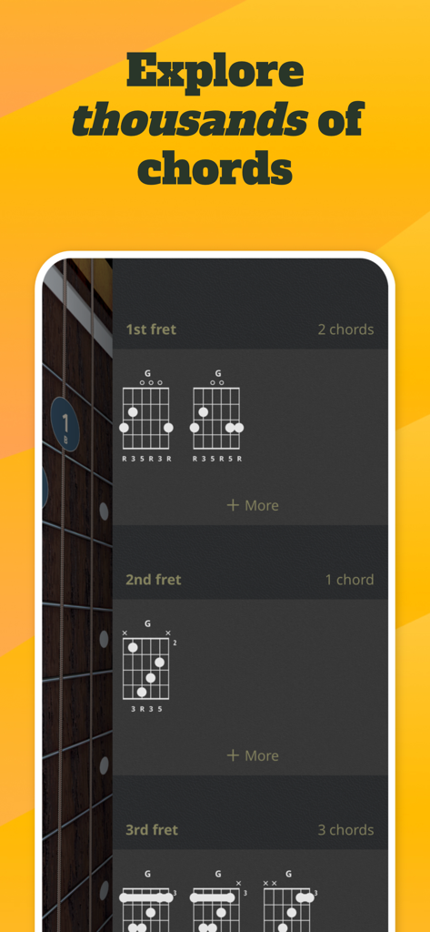 Interfaz de la aplicación ChordBank que muestra múltiples diagramas de acordes de guitarra para el acorde de Sol mayor en diferentes trastes.