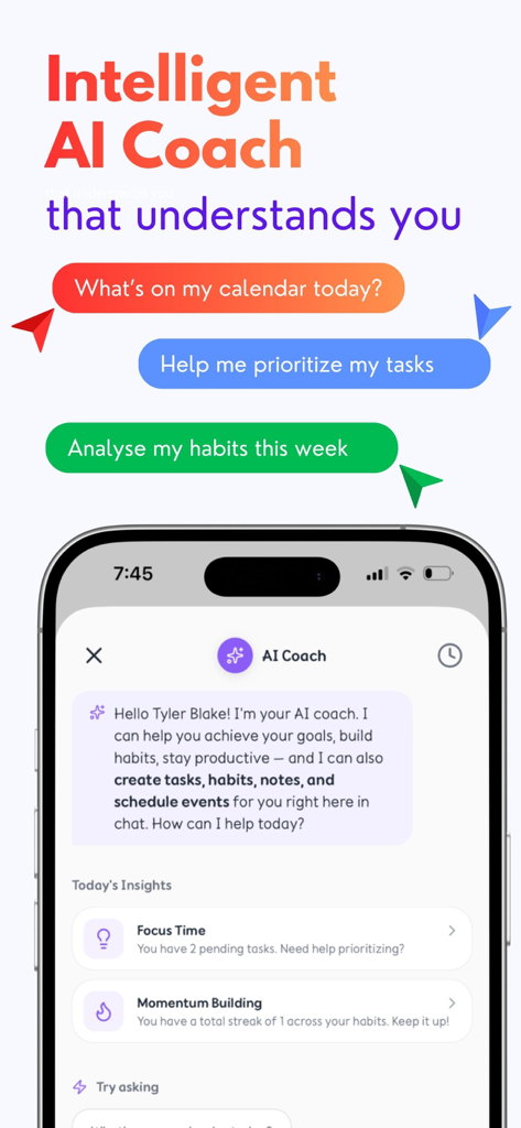 Captura de tela do aplicativo OneMind mostrando a interface do Coach de IA inteligente com insights personalizados e sugestões de tarefas