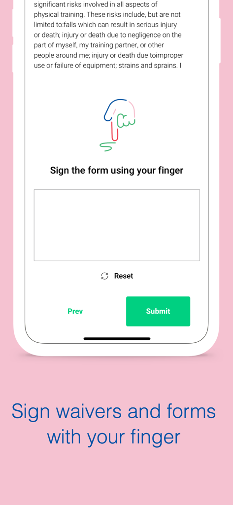 Arbox - Interface do aplicativo móvel Arbox para assinatura de termos e formulários da academia com o dedo