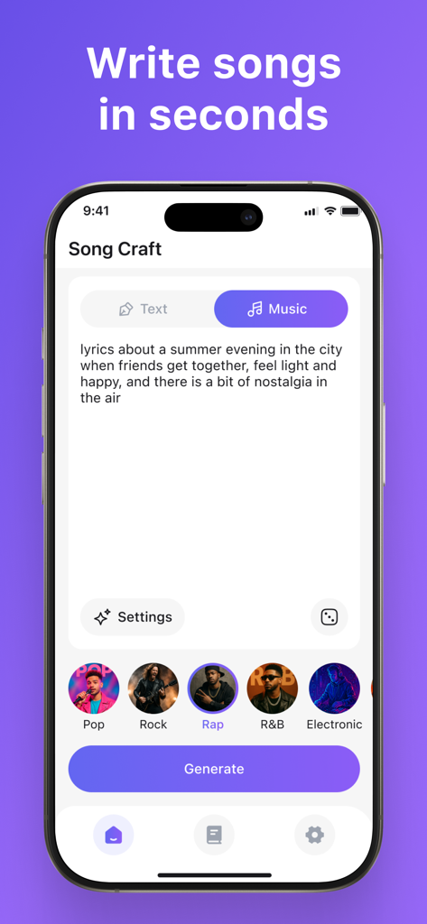 Interface of the AI Song Maker app showing a text prompt to generate a song and music genre selection icons