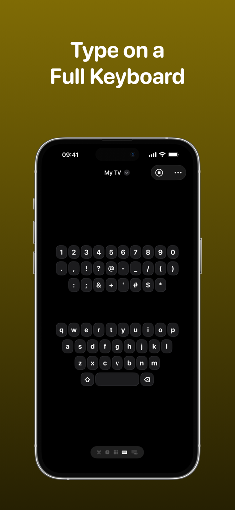 TV Remote - Universal Remote - Tela de um iPhone exibindo a interface completa do teclado QWERTY para o aplicativo TV Remote digitar em uma televisão inteligente.
