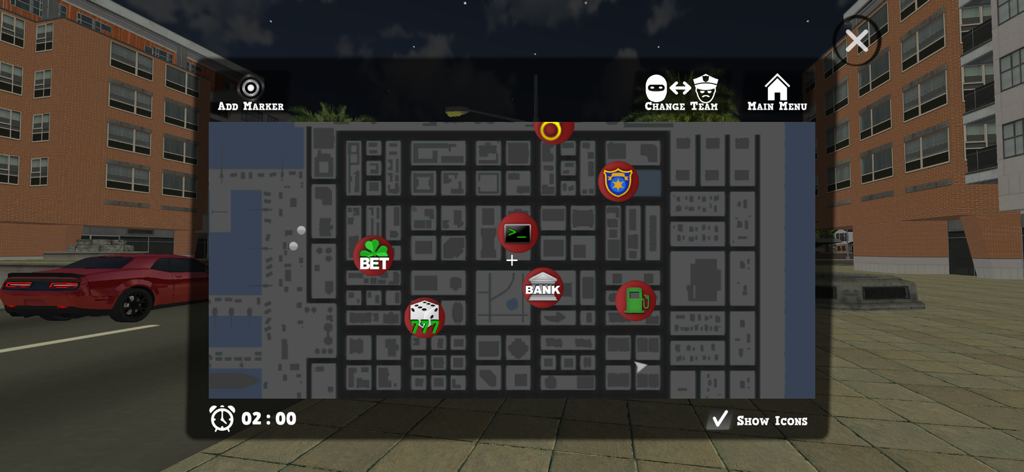 An in-game map in Justice Rivals 3 showing heist locations like a bank and gas station in a city.