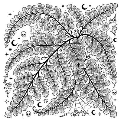 Explore the delicate beauty of maidenhair ferns intertwined with classic gothic motifs like spiderwebs and skulls. This intricate coloring page offers a captivating blend of nature and dark elegance for your creative escape.