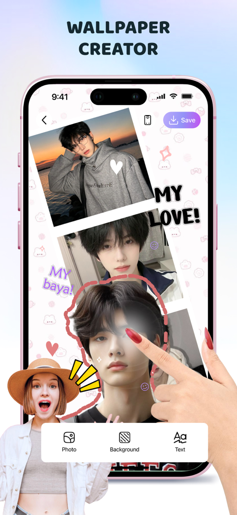 Mobile app interface showing a wallpaper creator tool with photo collage and custom text options