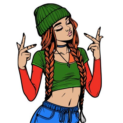 realistic teenage girl with braids and a beanie and crop top doing 🫶🏼