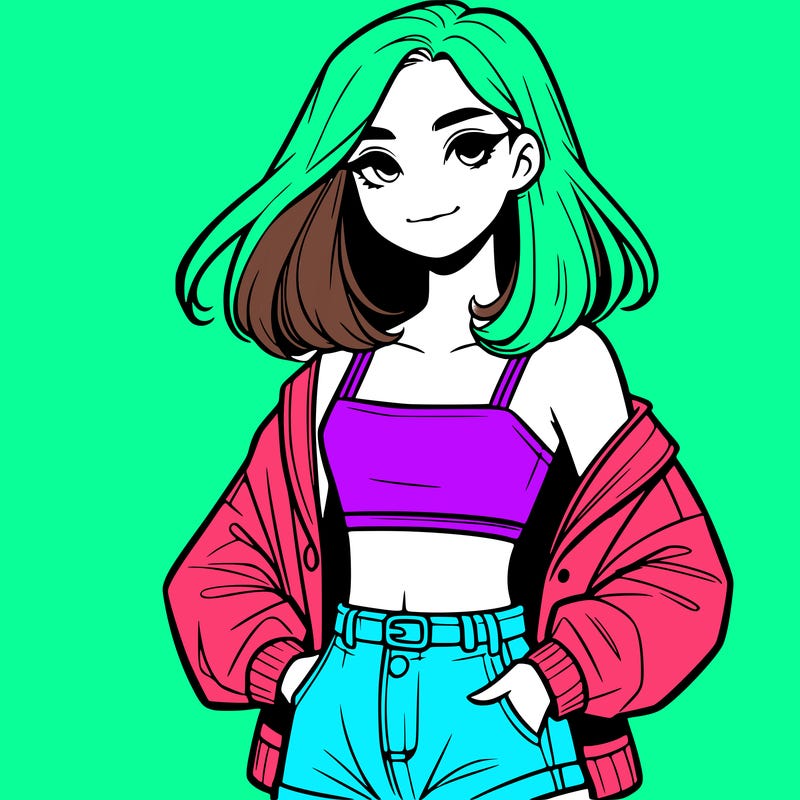 a realistic girl with a crop top and short shorts in an open jacket