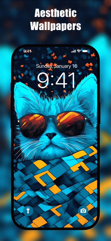 An iPhone lock screen displaying an artistic wallpaper of a blue cat wearing sunglasses and a patterned scarf.