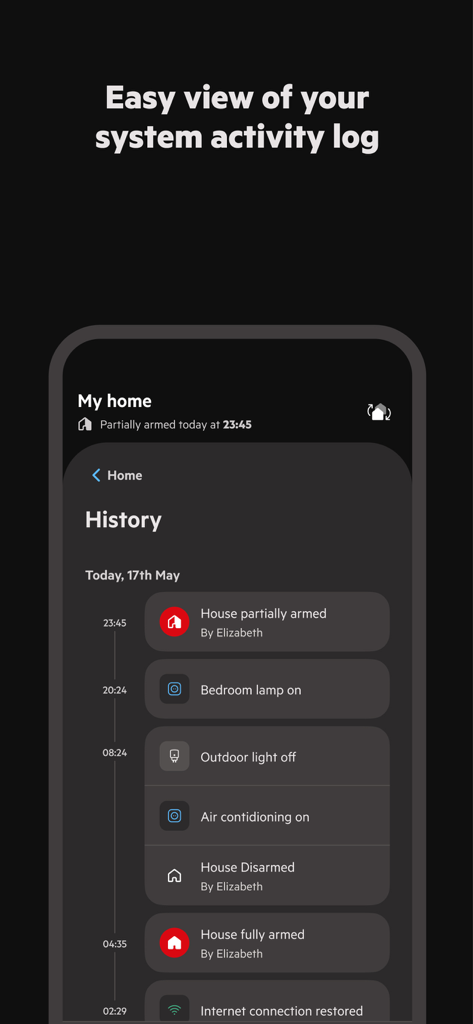 A mobile interface for Sector Alarm showing a chronological history log of smart home events and security system statuses