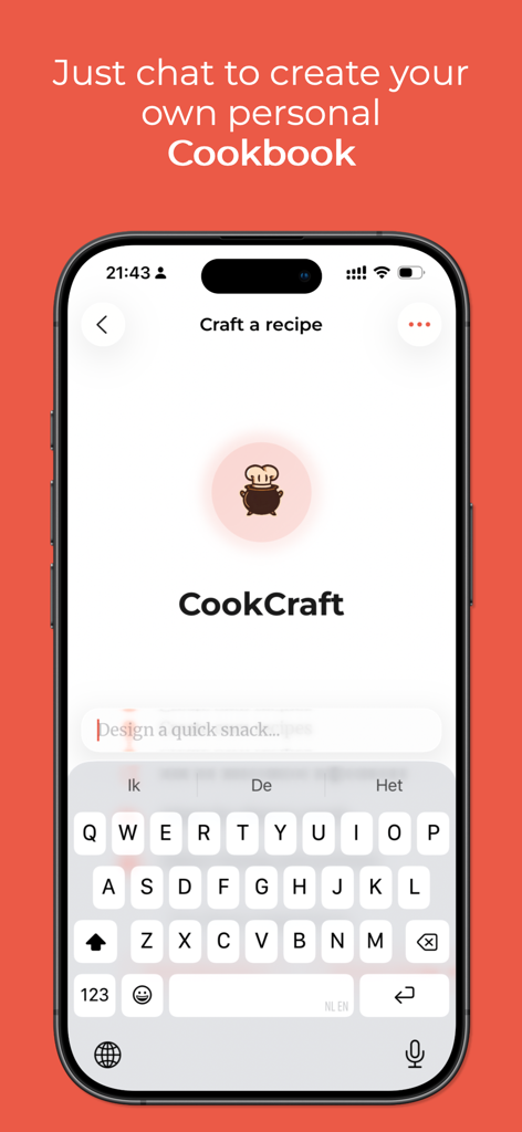 CookCraft: Cookbook + AI Magic - Smartphone displaying CookCraft app chat interface for creating personal recipes