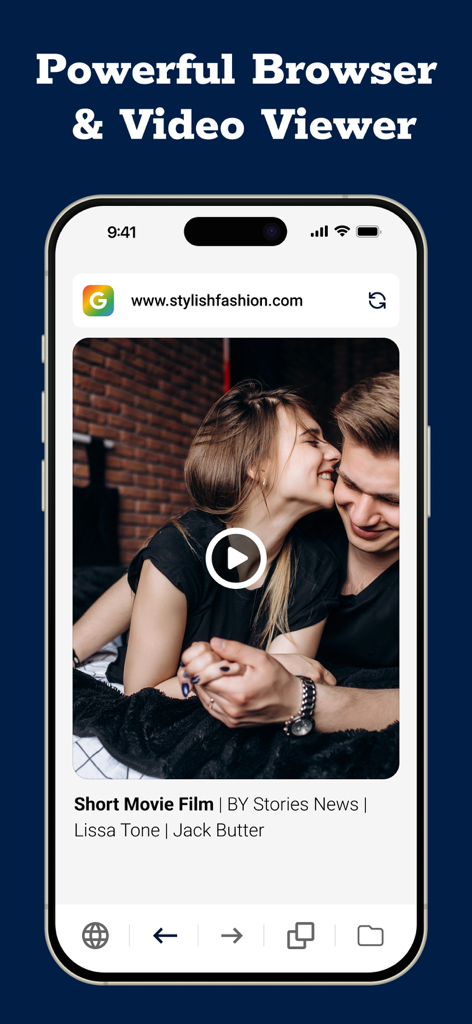 Oberfläche der Video Browser App, die einen integrierten Webbrowser und Videoplayer auf einem Mobilgerät zeigt.