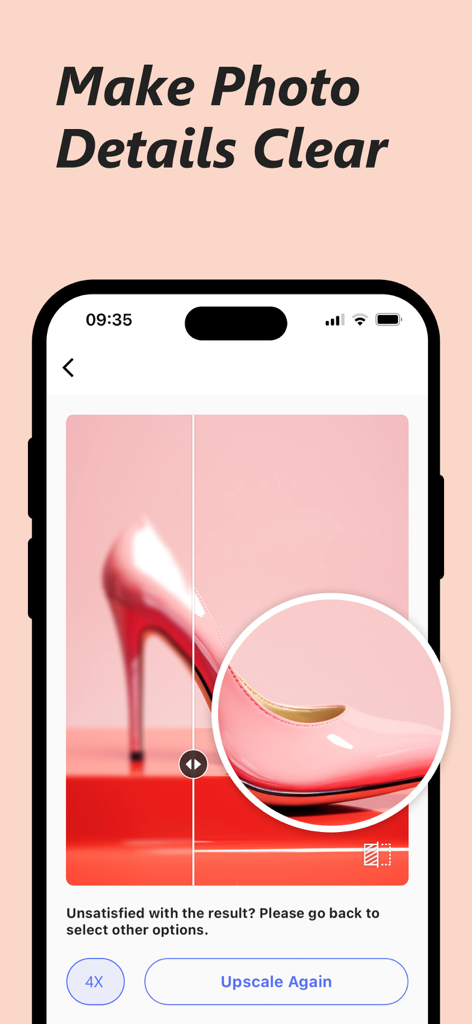 Picwand AI Photo Video Editor - Picwand AI app interface showing 4X photo upscaling and enhancement of a pink high heel shoe