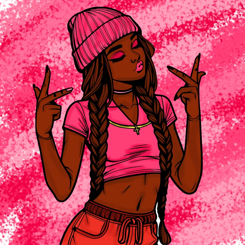 realistic teenage girl with braids and a beanie and crop top doing 🫶🏼