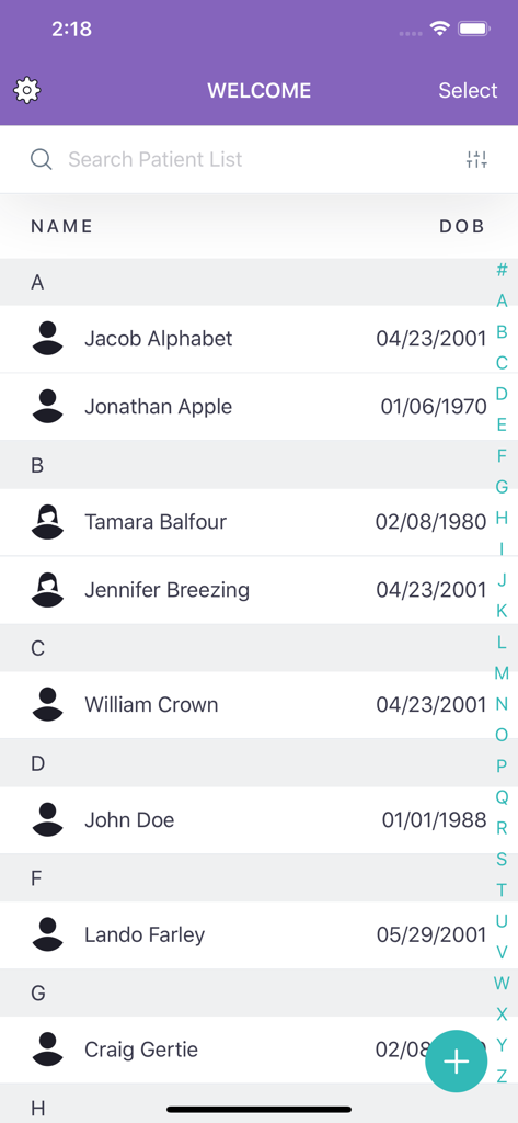 Breezing Pro - Breezing Pro app interface displaying a searchable patient list with names and dates of birth