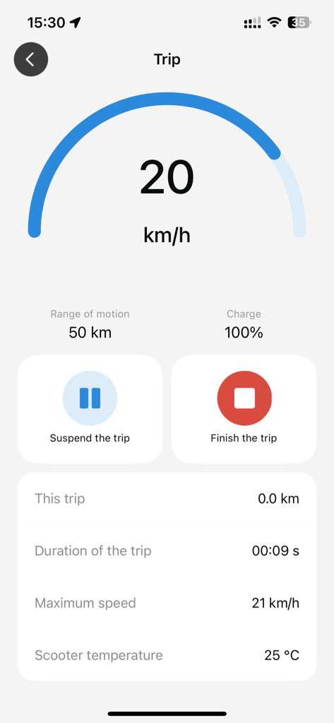 Proove - Proove app dashboard showing real-time scooter speed battery level and trip stats