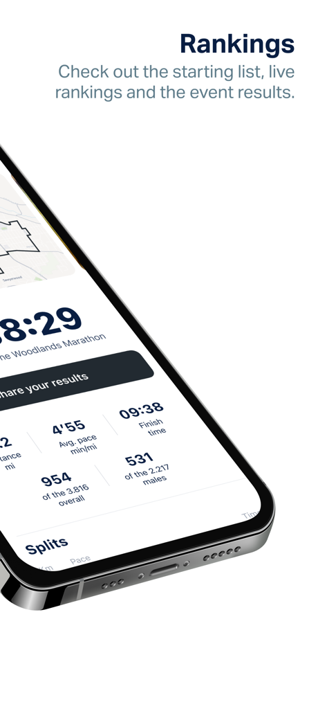 The Woodlands Marathon - The Woodlands Marathon app screen showing race rankings, finish time, and performance results