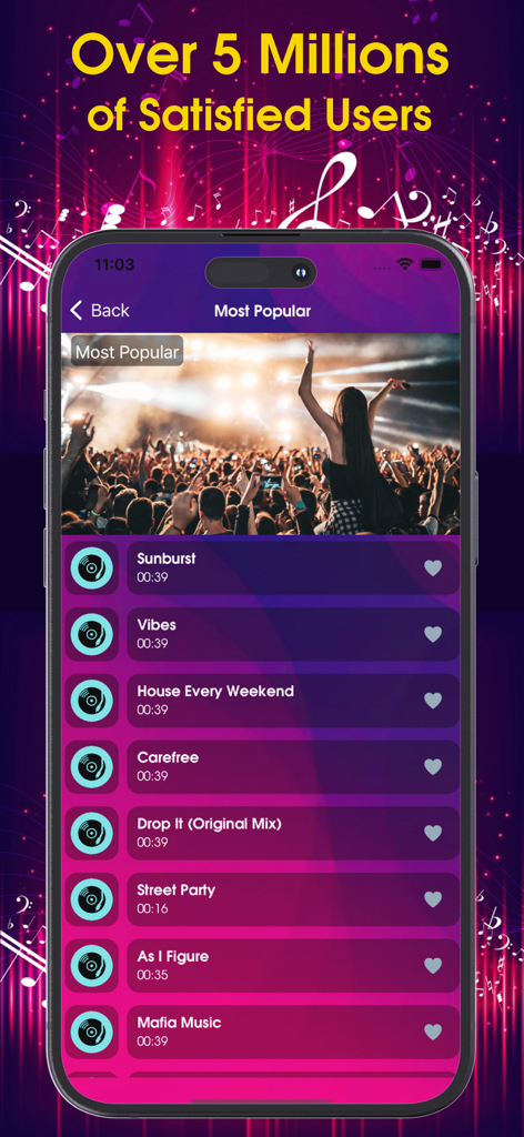 Most popular ringtones list displayed on an iPhone app screen with a concert background