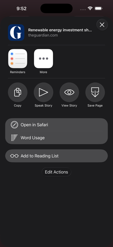 Speak News - RSS news reader - Une capture d'écran du menu d'action de l'application Speak News sur iOS montrant des options telles que « Lire l'article » et « Utilisation des mots » pour un article d'actualité
