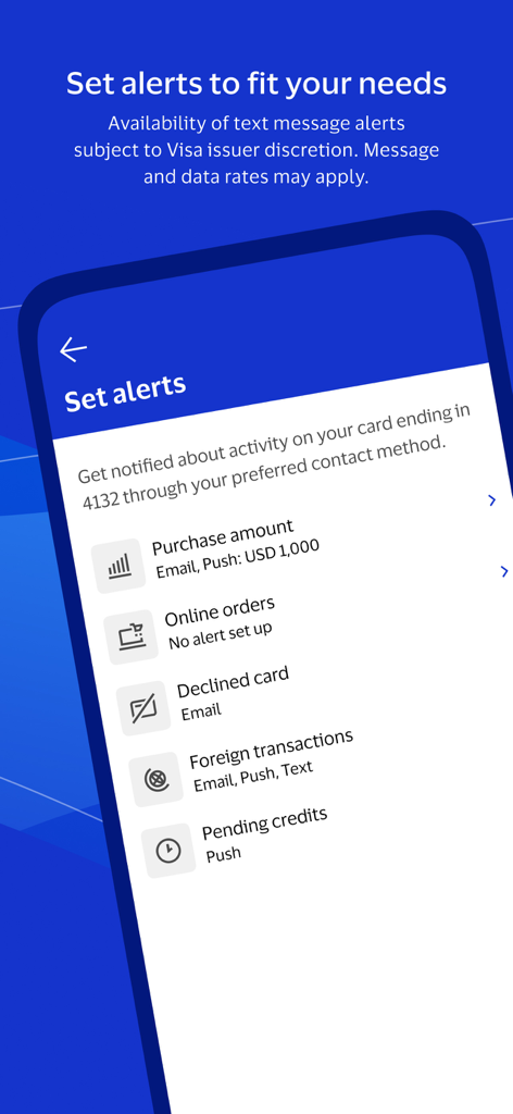 User interface for configuring visa credit card alerts for online orders, foreign transactions, and spending thresholds.