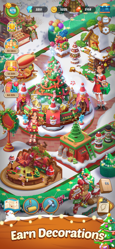 A festive winter scene in Seaside Escape showing Christmas decorations and holiday themed characters.