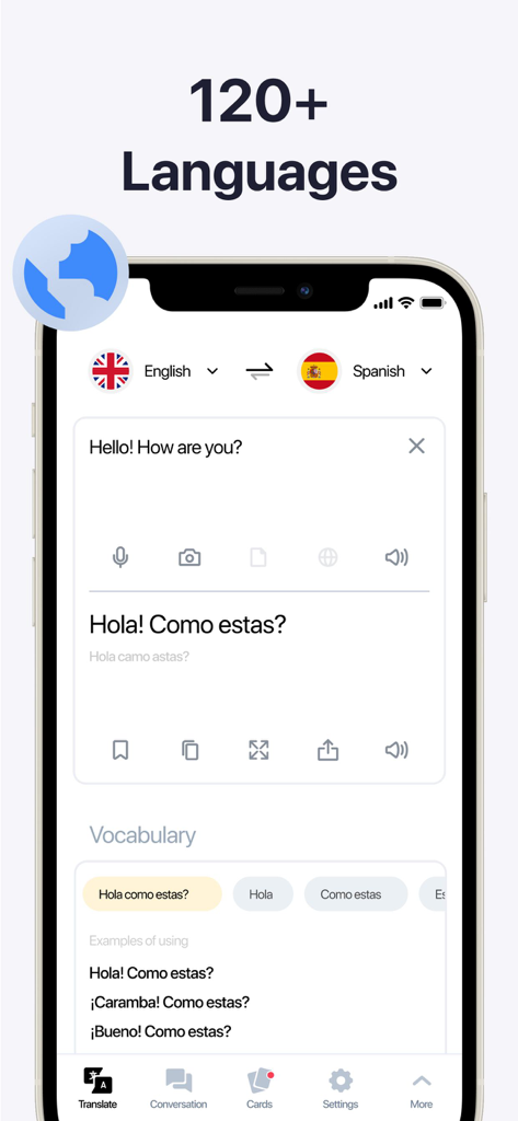 Lingvanex Language Translator - Interface do app Lingvanex mostrando tradução de inglês para espanhol com uma seção de vocabulário