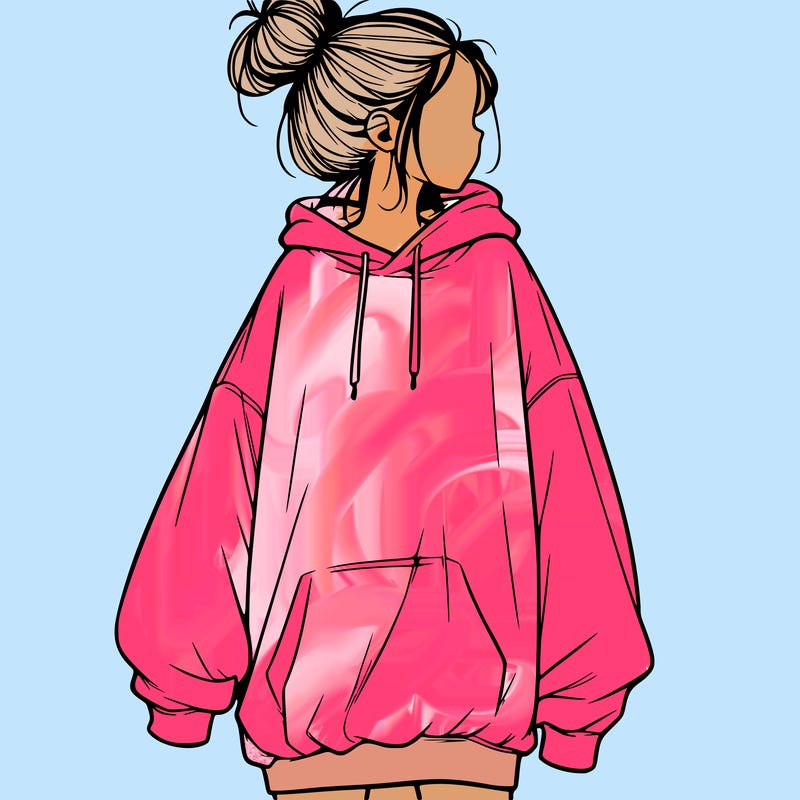 realistic girl with a oversized sweatshirt on and a bun