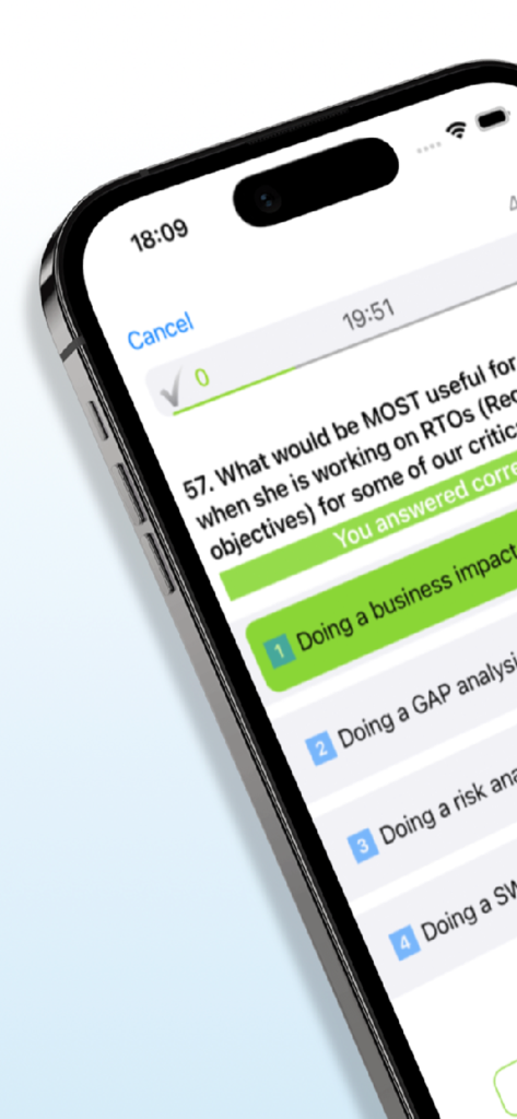 ISACA CISM Exam 2026 - Smartphone screen showing a practice question for the ISACA CISM certification exam with the correct answer highlighted