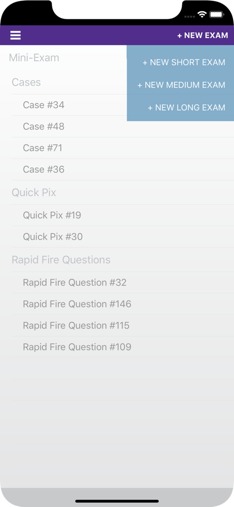 Family Medicine Study Guide - Family Medicine Study Guide interface showing options to create new short medium or long exams