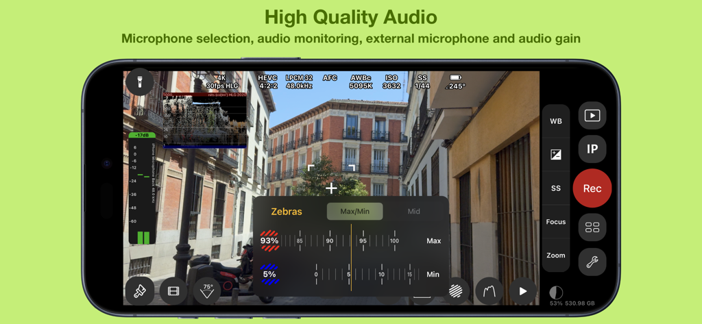 Cinema P3 Pro Camera - Cinema P3 Pro Camera interface featuring audio monitoring levels and zebra exposure tools