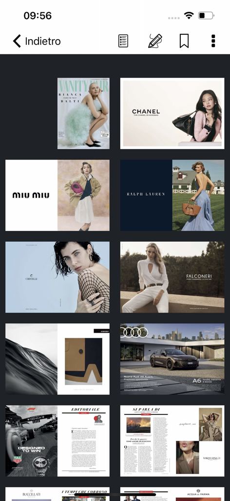 Vanity Fair Italia - A grid view of digital magazine spreads from Vanity Fair Italia showing luxury fashion and lifestyle advertisements