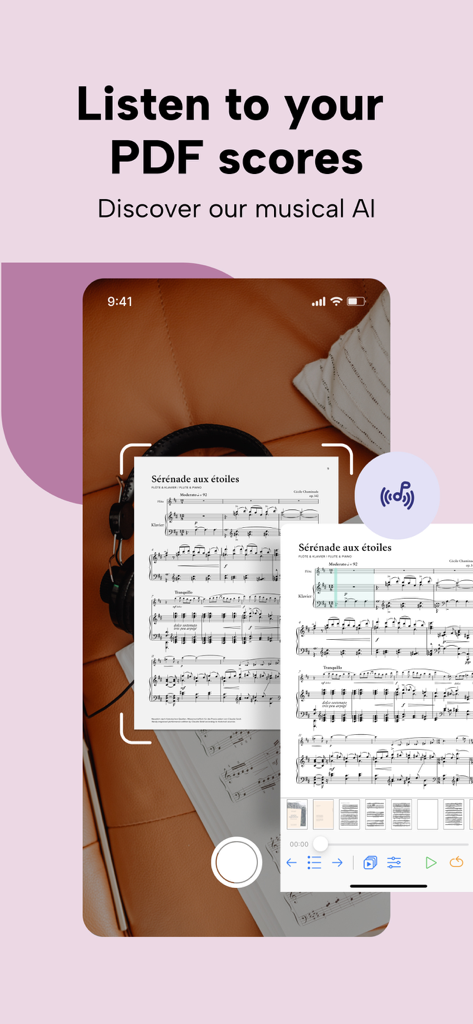 Newzik: Sheet Music Reader - A smartphone scanning a paper music score to convert it into a digital file with AI audio playback in the Newzik app.