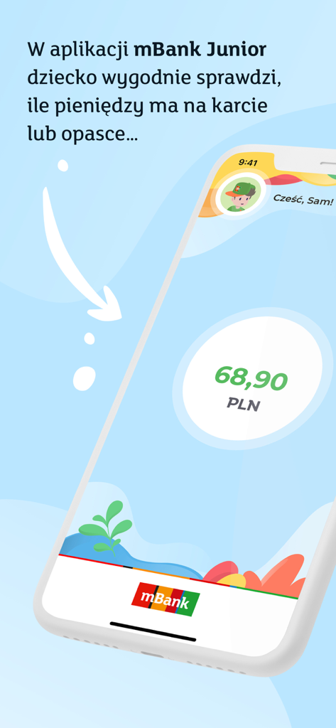 mBank Junior - Mobile screen of mBank Junior app displaying a child account balance of 68.90 PLN