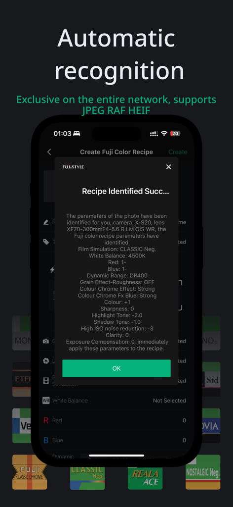 FujiStyle - Film Recipes Frame - FujiStyle app interface showing automatic recognition of Fujifilm film recipe parameters from an image