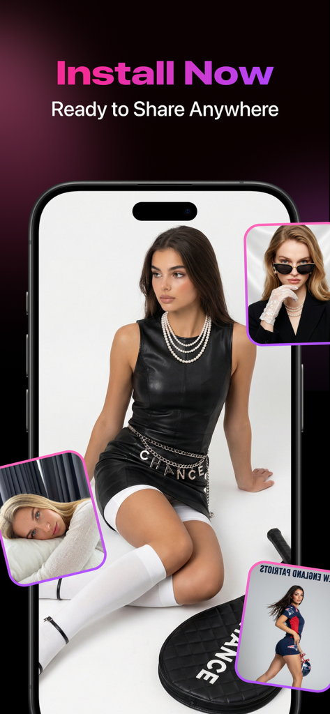 Una pantalla de smartphone mostrando retratos de moda de alta calidad generados por IA con la aplicación VStyle